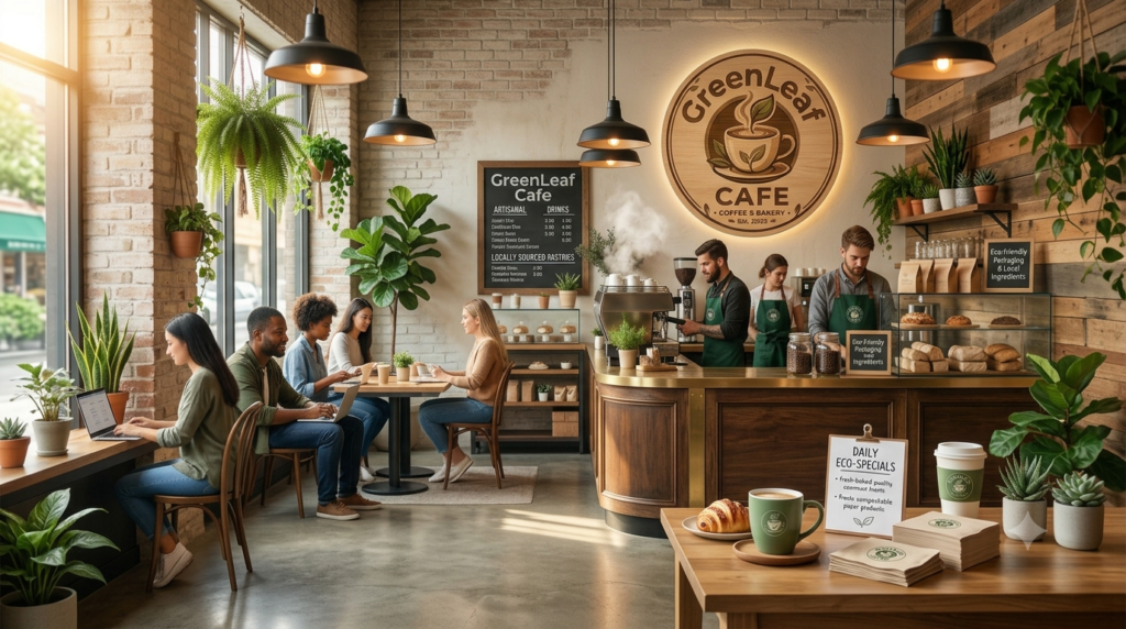 GreenLeaf Cafe interior featuring customers, baristas, and natural plant decor